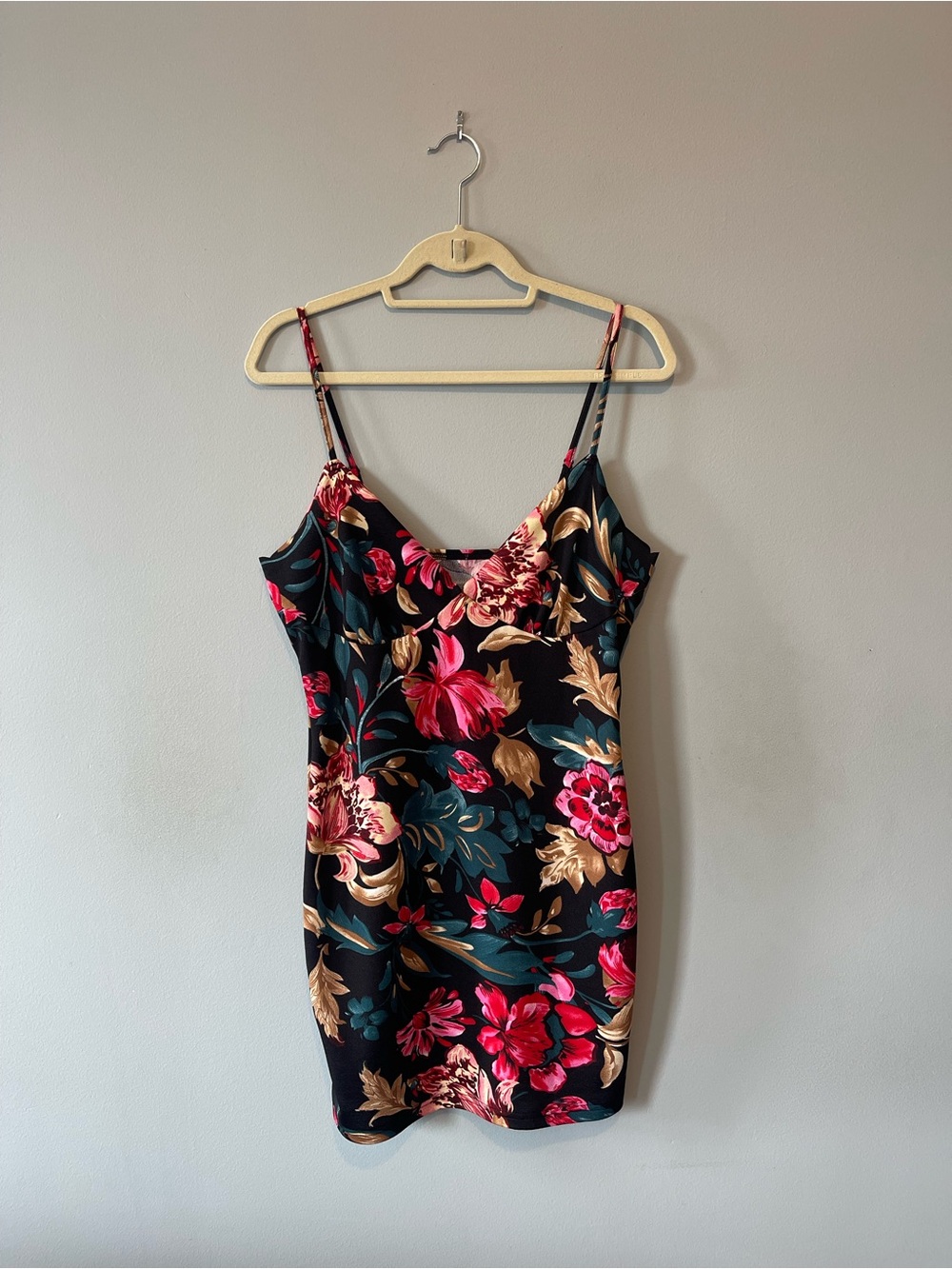 SHEIN Black Mini Slip Dress with Pink & Gold Floral Print